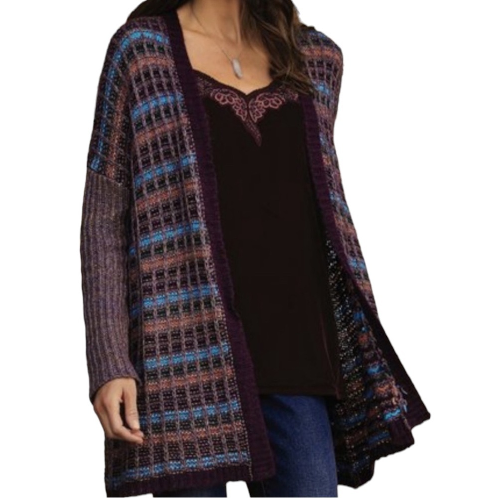 Soft Surroundings Eirene Purple Multi Stripe Wool Blend Open Front Cardigan